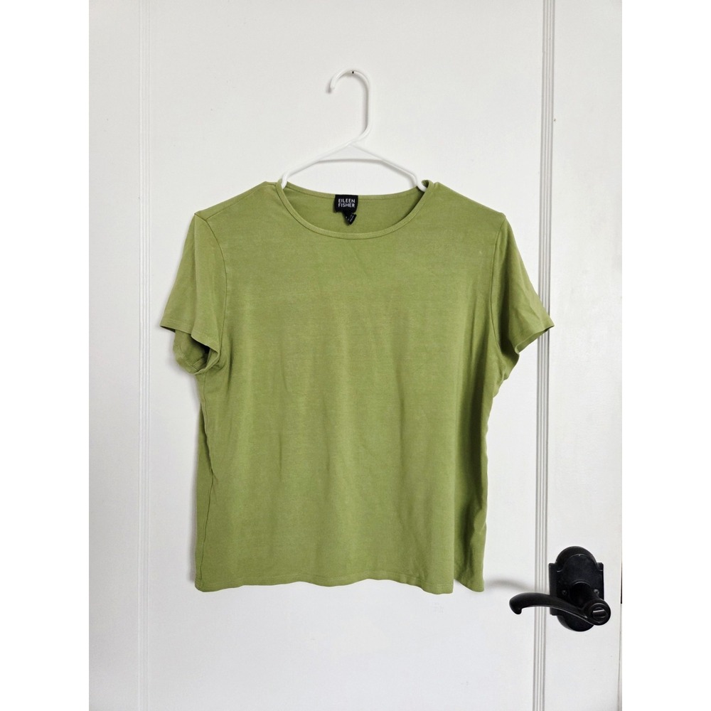 Eileen Fisher Womens Lime Green Stretch Knit Tee Short Sleeve Top M Made USA